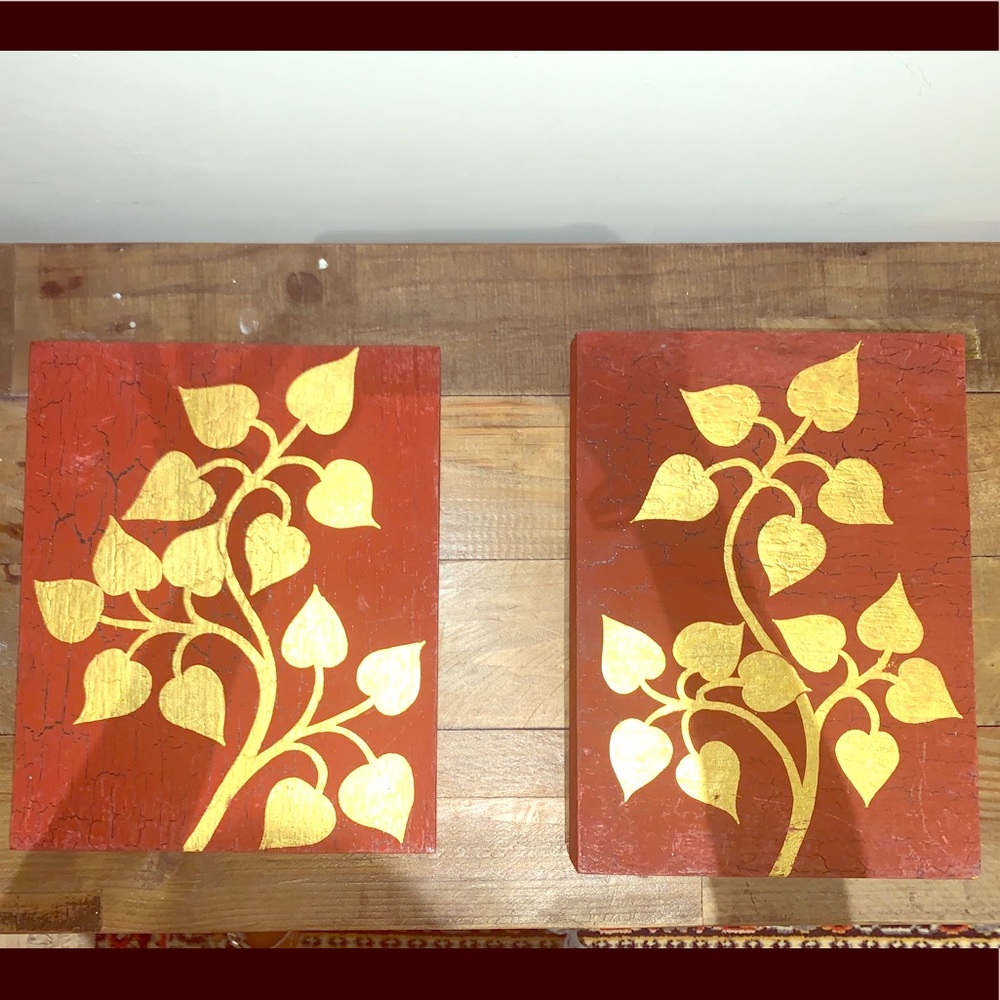 Hand painted artwork 2 pieces gold leaf